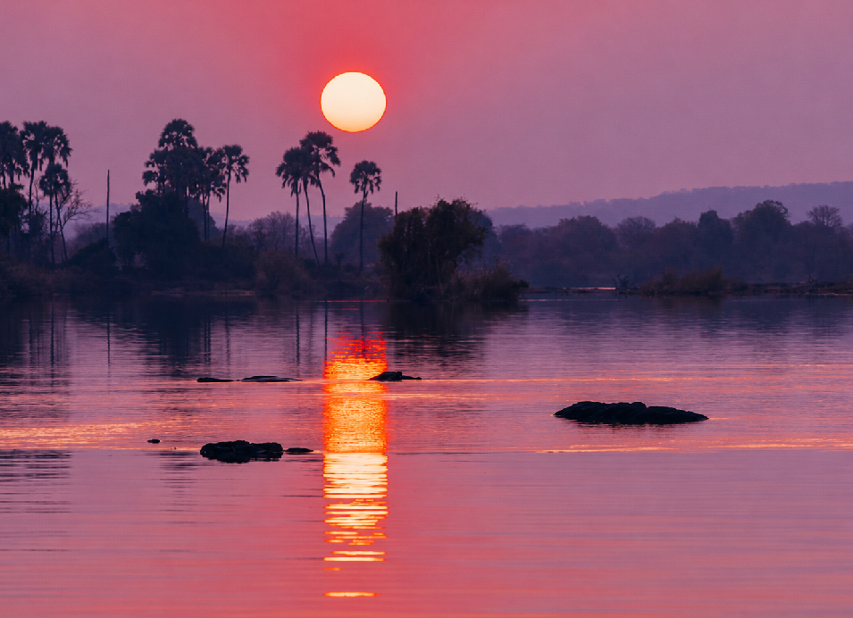 Sunset over a peaceful lake in Botswana with palm trees silhouetted against the colorful sky