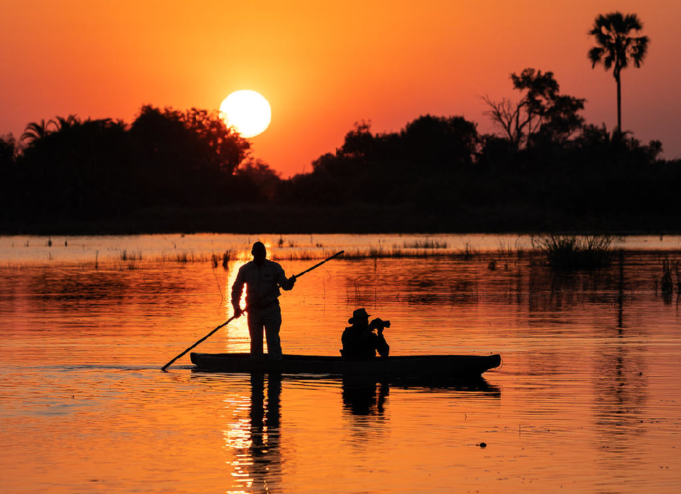 Silhouette of a person standing in a mokoro canoe with a seated passenger on calm water at sunset, with trees and palm trees along the horizon in Botswana.