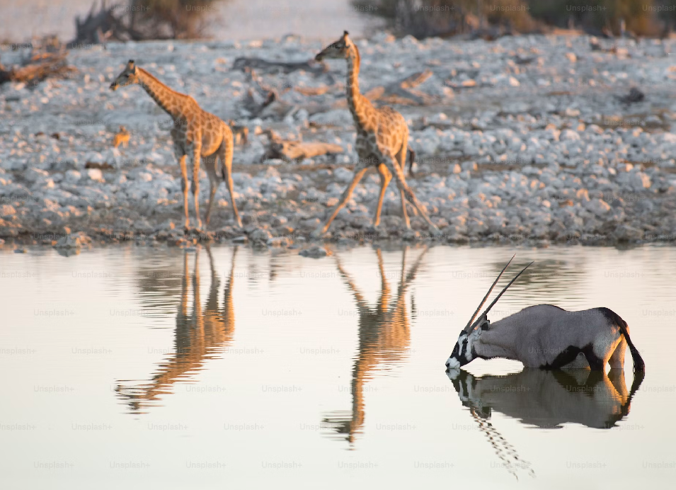 Two giraffes walking beside a waterhole with their reflections, while a gemsbok drinks from the water in the foreground.