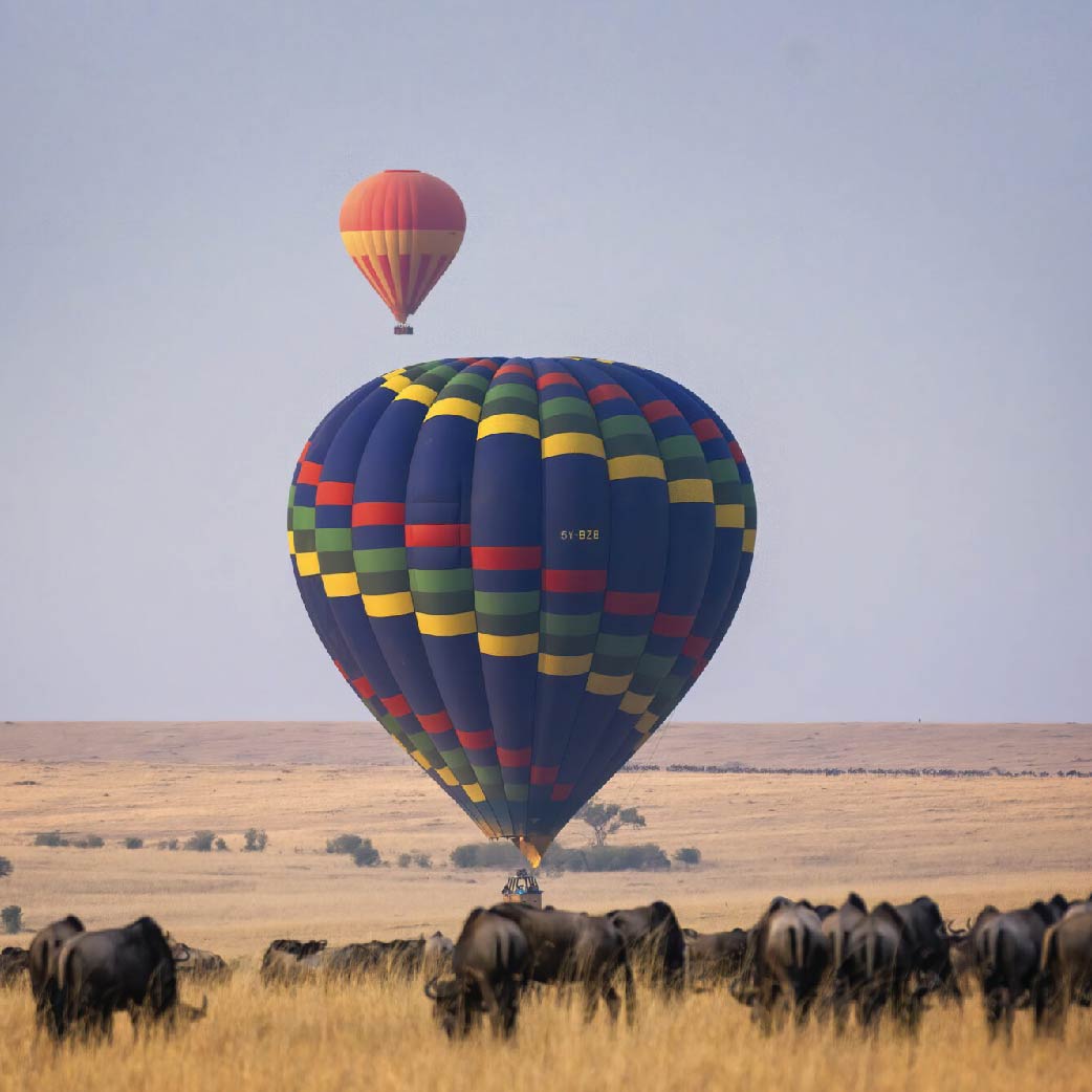 Hot air balloons flying over the Maasai Mara in Kenya, with a large colorful balloon above a herd of wildebeest.