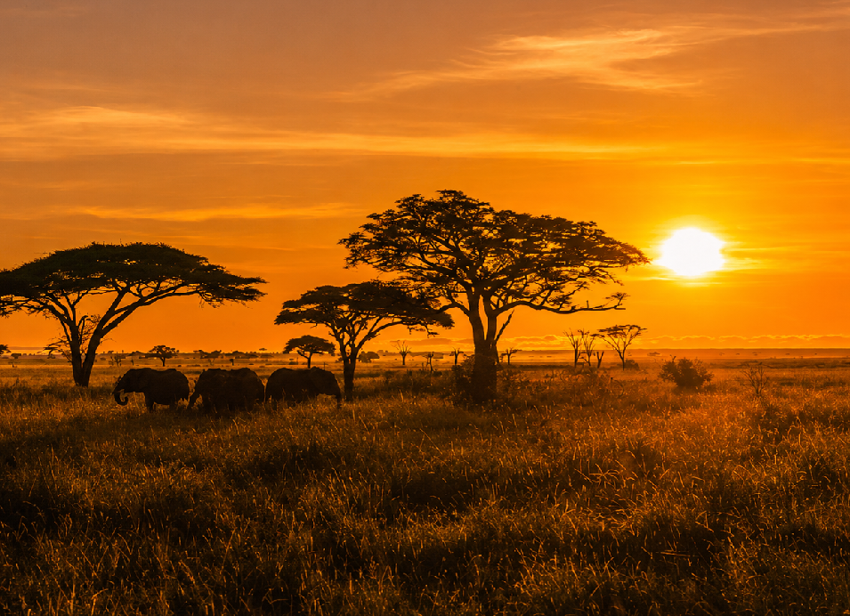 Tanzania Game Reserve landscape at sunset with acacia trees and elephants silhouetted against a golden-orange sky.