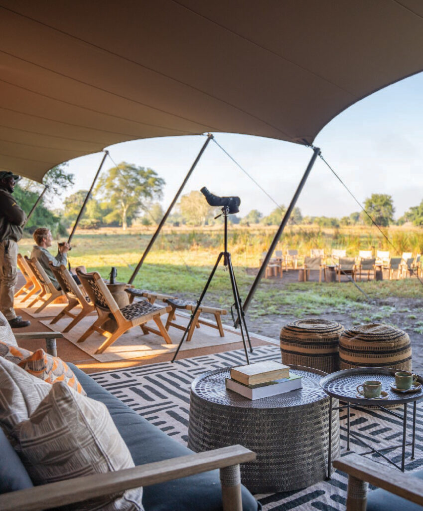 Open air safari lounge overlooking the landscape at Mozambique Gorongosa Conservation Safari