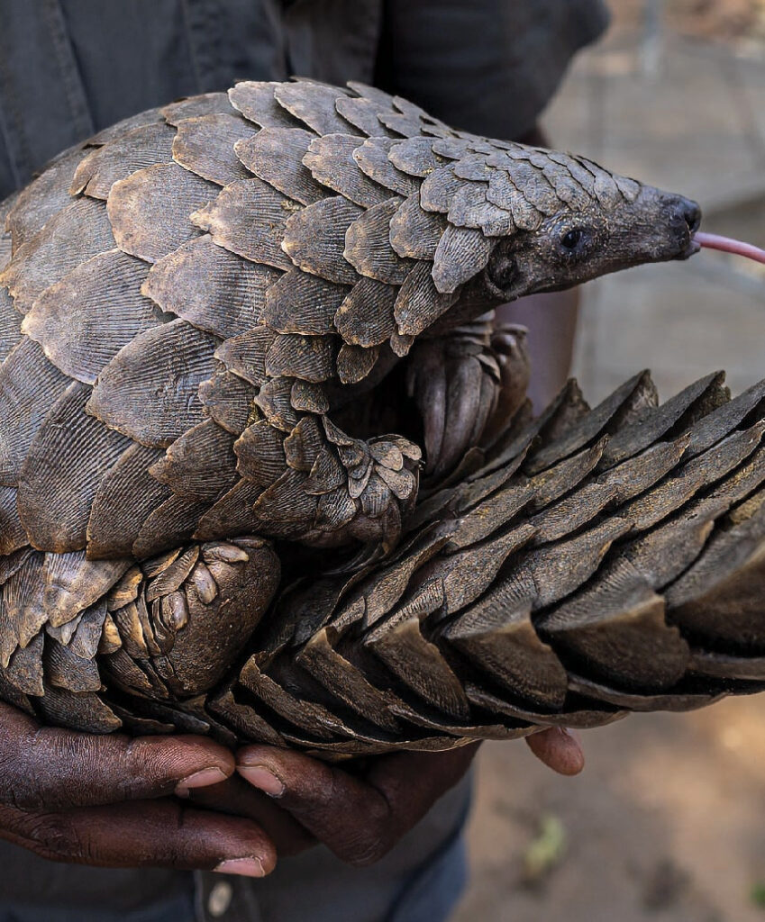 Pangolin curled up with its protective scales visible in Gorongosa National Park, Mozambique