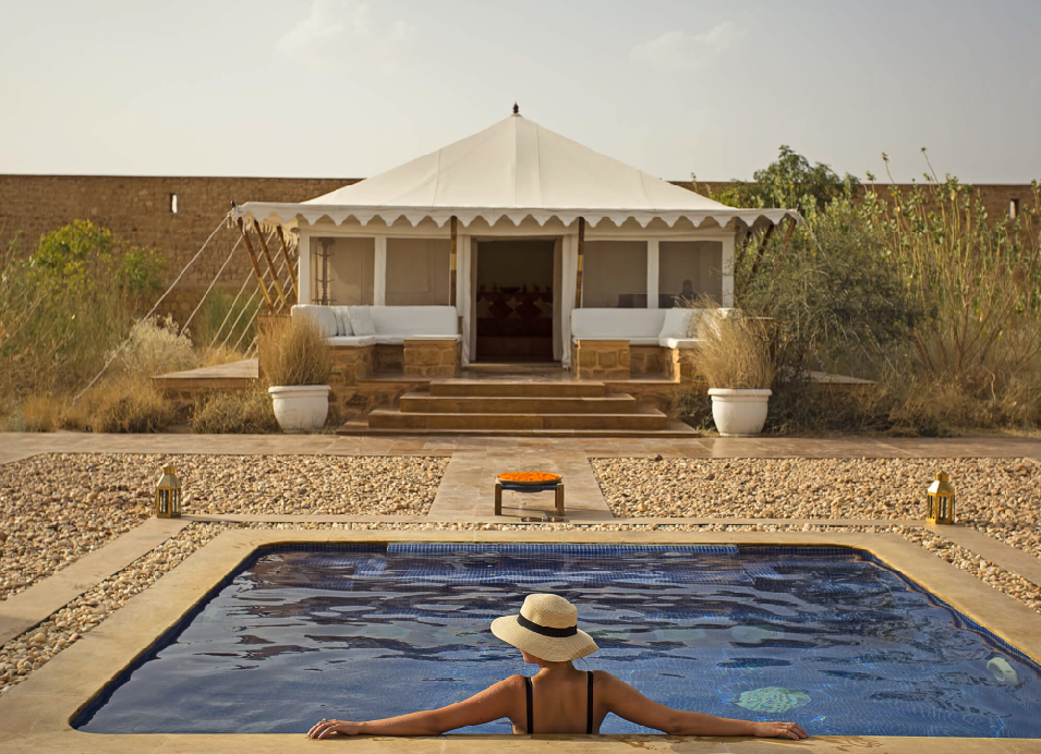 Luxury safari tent accommodation with a swimming pool in India