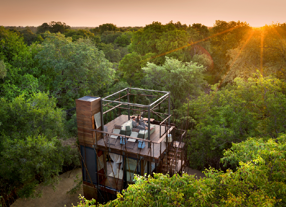 Luxury safari lodge nestled in lush South African bushveld at sunset