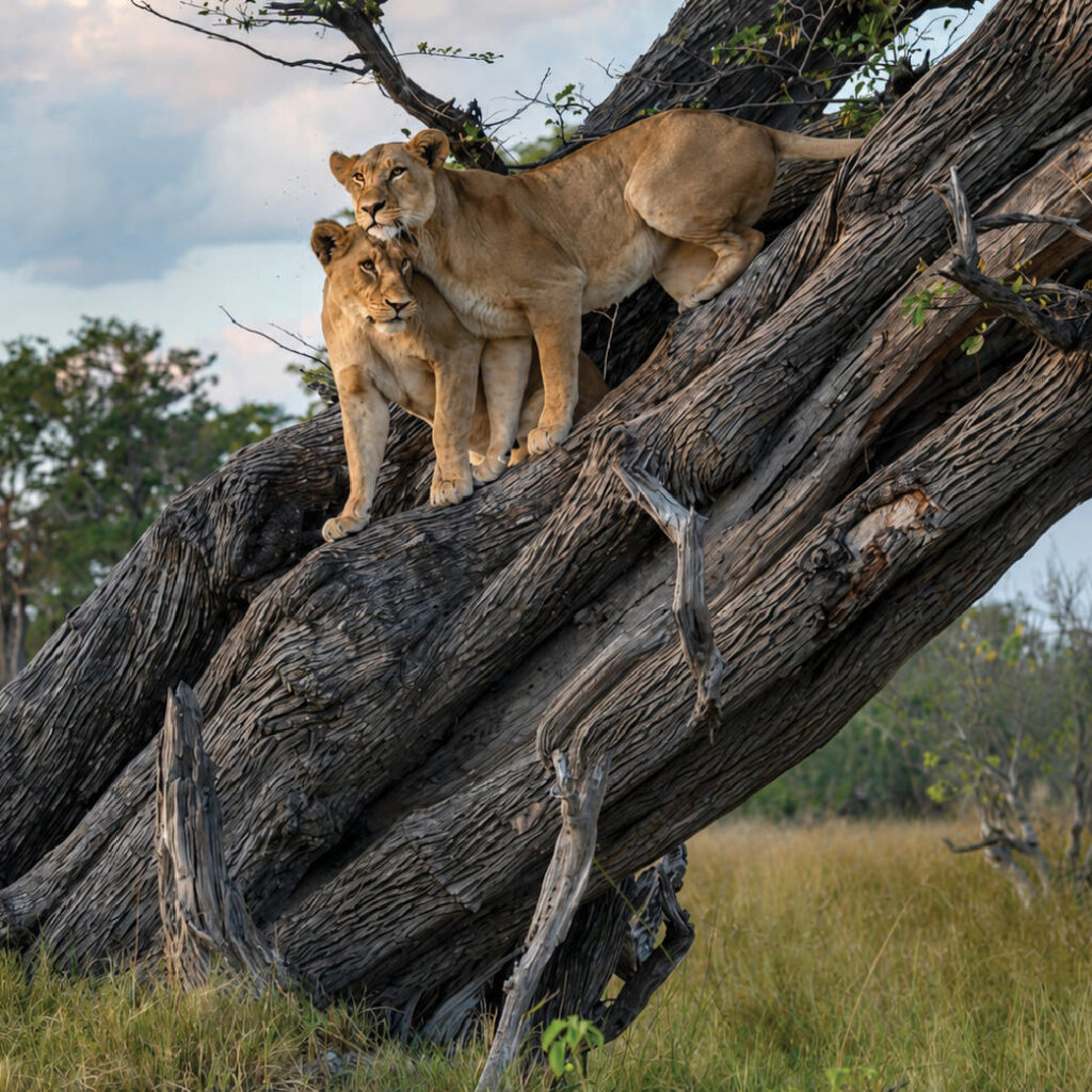 Two lions resting on the branches of a large fallen tree in the Tanzanian.