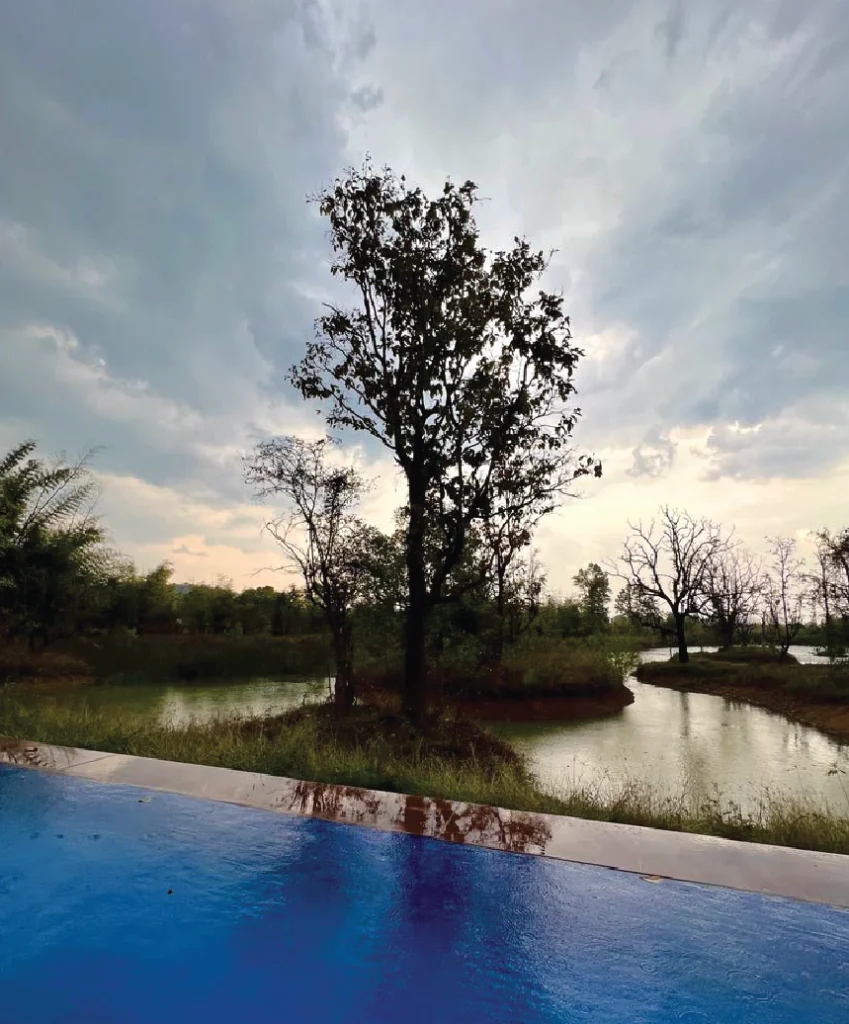 A serene tropical setting featuring a blue pool in the foreground overlooking a calm pond surrounded by trees and lush vegetation, beneath a partly cloudy sky.