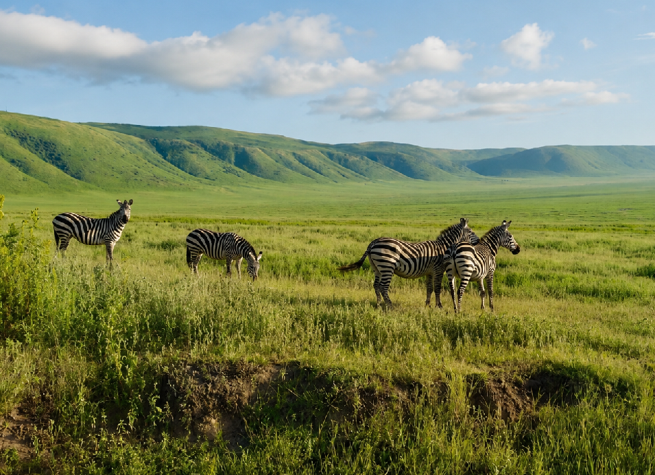 Zebras grazing in a lush green grassland beneath a blue sky, with rolling hills in the background.